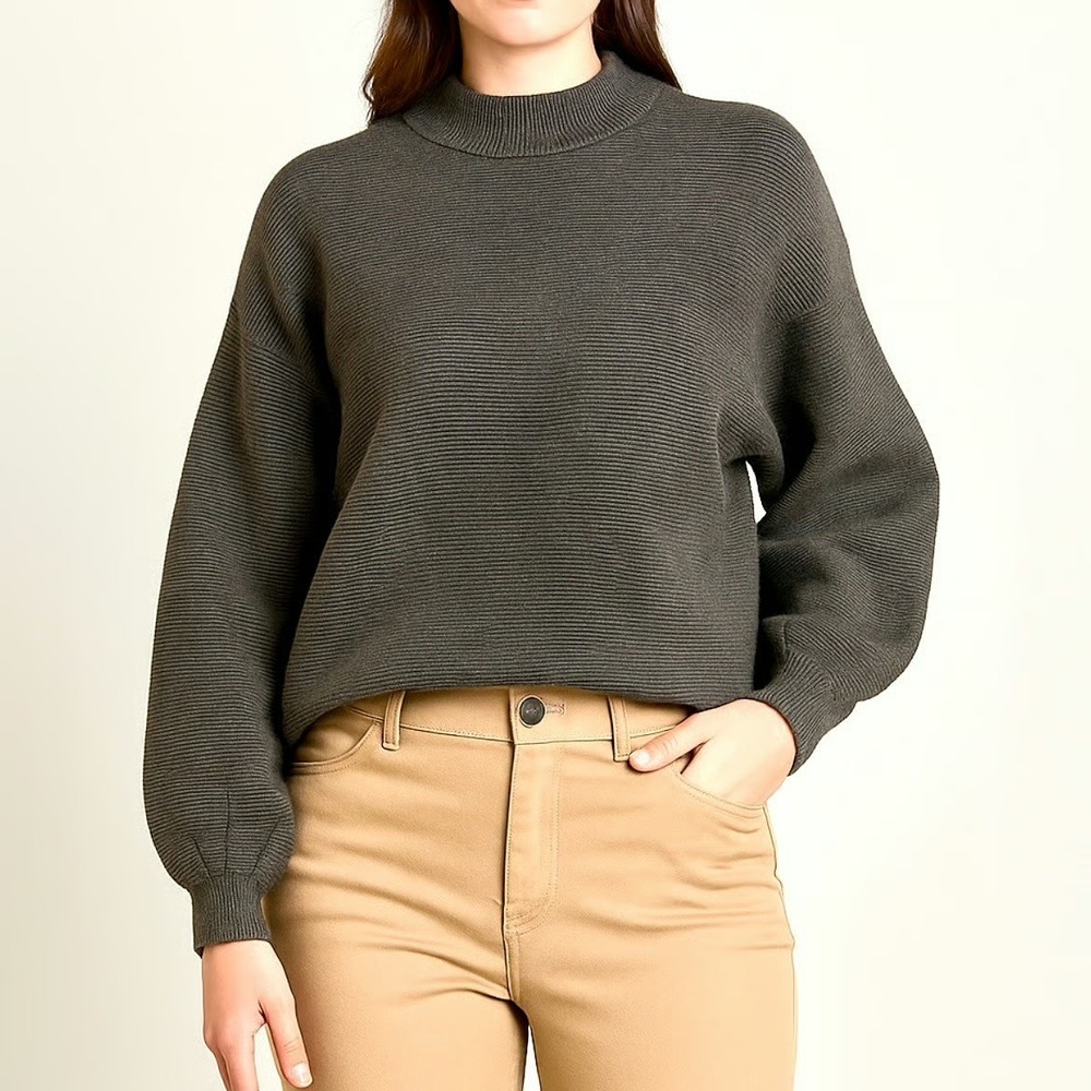 ModCloth Ribbed Mock Neck Balloon Sleeve Sweater Charcoal Gray Size S